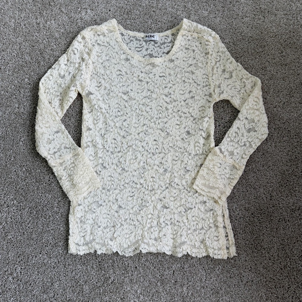 Vintage BCBG Blouse Womens Medium White Lace Sheer Long Sleeve Tunic Top